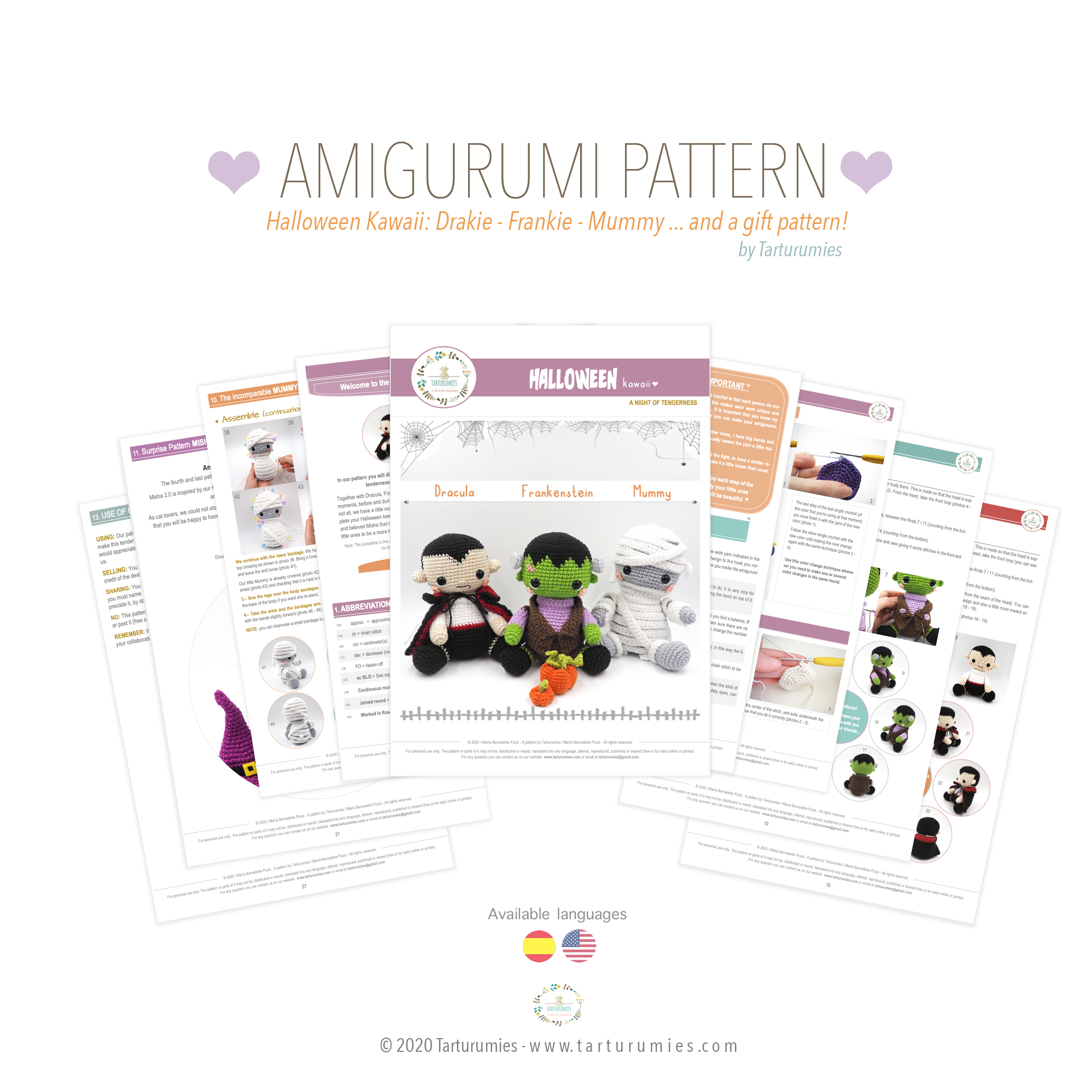 Amigurumi Patron Premium Halloween Kawaii Dracula Frankenstein Mummy Tarturumies